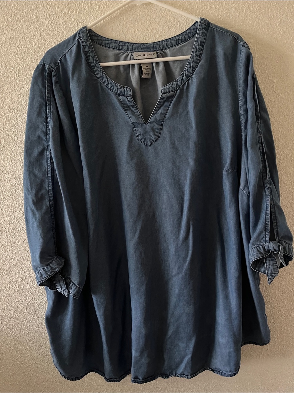 Catherines Dusty Blue V-Neck Tunic with Roll-Tab Sleeves